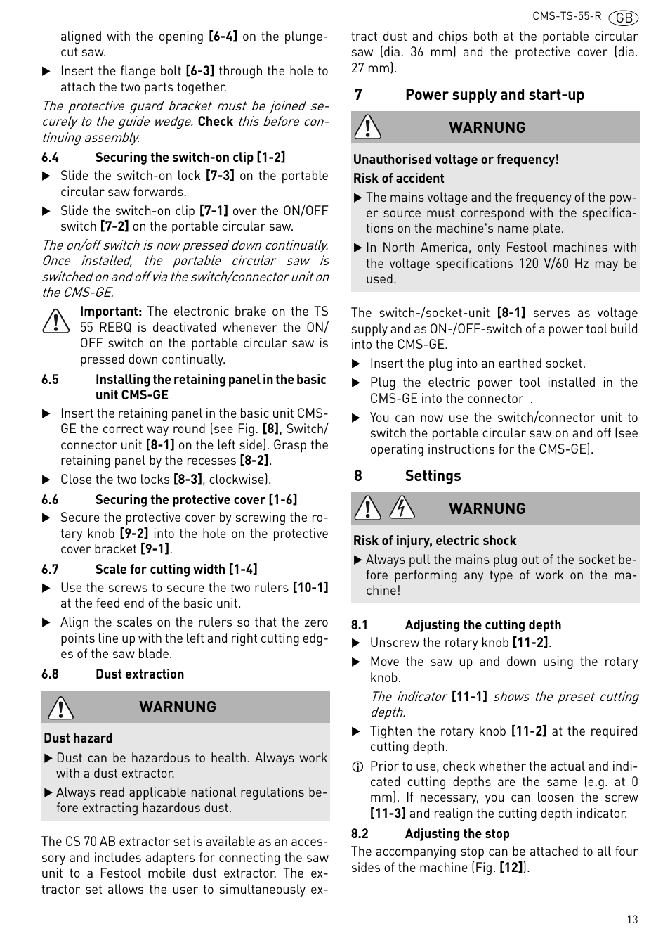 Power supply and start-up, Settings, 7power supply and start-up | 8settings, Warnung | Festool CMS TS 55 User Manual | Page 13 / 76