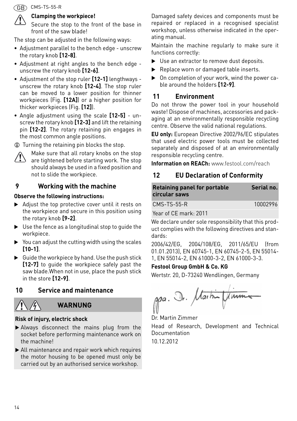 Working with the machine, 10 service and maintenance, 11 environment | 12 eu declaration of conformity | Festool CMS TS 55 User Manual | Page 14 / 76