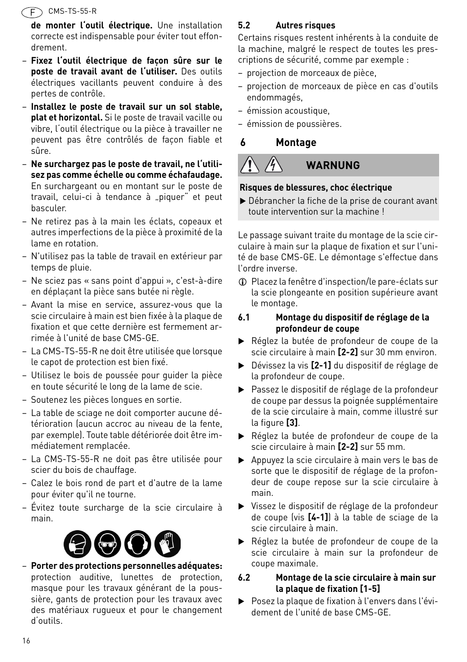 Montage, 6montage, Warnung | Festool CMS TS 55 User Manual | Page 16 / 76