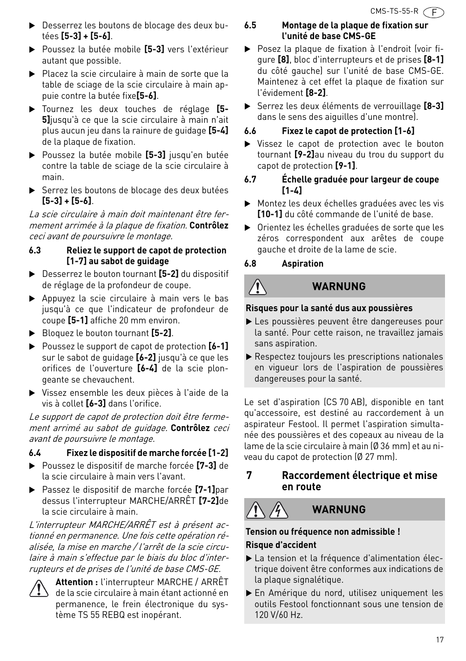 Raccordement électrique et mise en route, 7raccordement électrique et mise en route warnung, Warnung | Festool CMS TS 55 User Manual | Page 17 / 76
