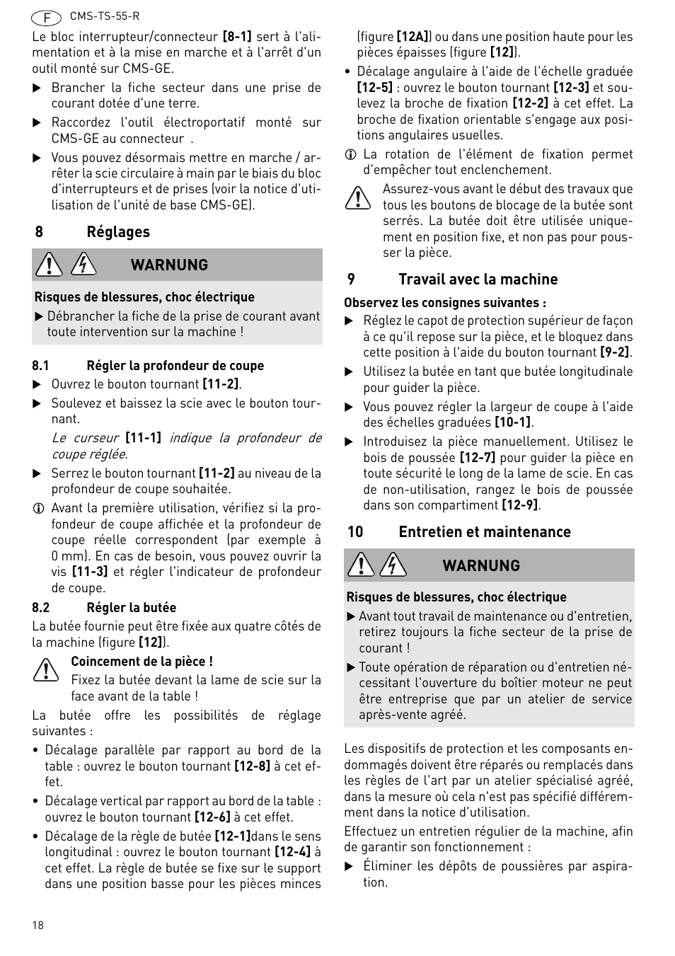 Réglages, Travail avec la machine, 10 entretien et maintenance | 8réglages, 9travail avec la machine, Warnung | Festool CMS TS 55 User Manual | Page 18 / 76