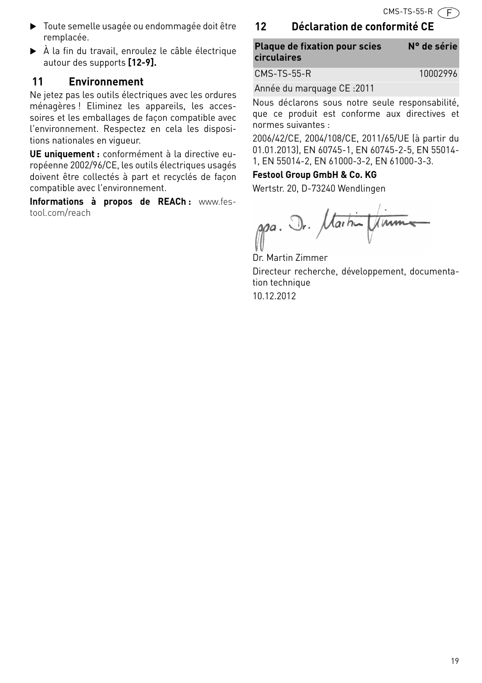 11 environnement, 12 déclaration de conformité ce | Festool CMS TS 55 User Manual | Page 19 / 76