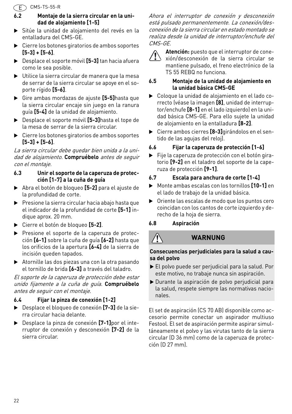 Warnung | Festool CMS TS 55 User Manual | Page 22 / 76