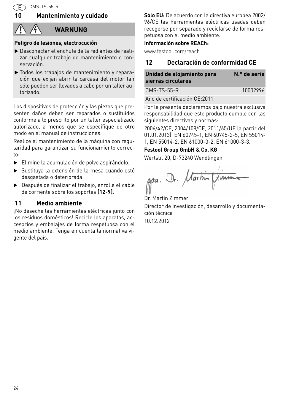 10 mantenimiento y cuidado, 11 medio ambiente, 12 declaración de conformidad ce | Festool CMS TS 55 User Manual | Page 24 / 76