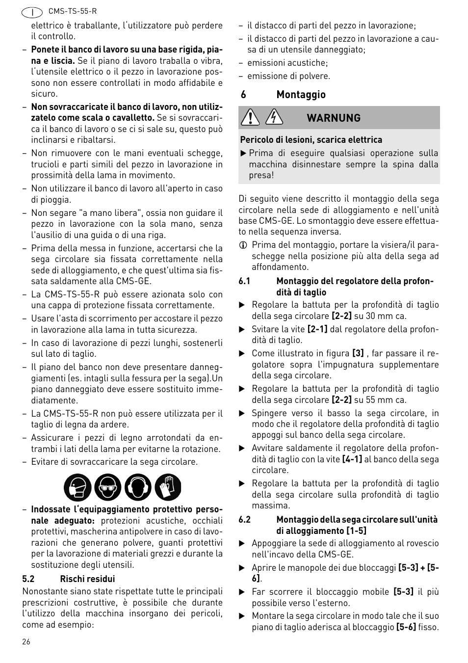 Montaggio, 6montaggio, Warnung | Festool CMS TS 55 User Manual | Page 26 / 76