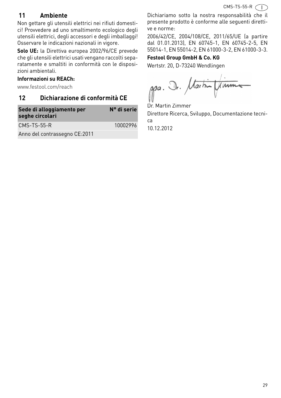 11 ambiente, 12 dichiarazione di conformità ce | Festool CMS TS 55 User Manual | Page 29 / 76