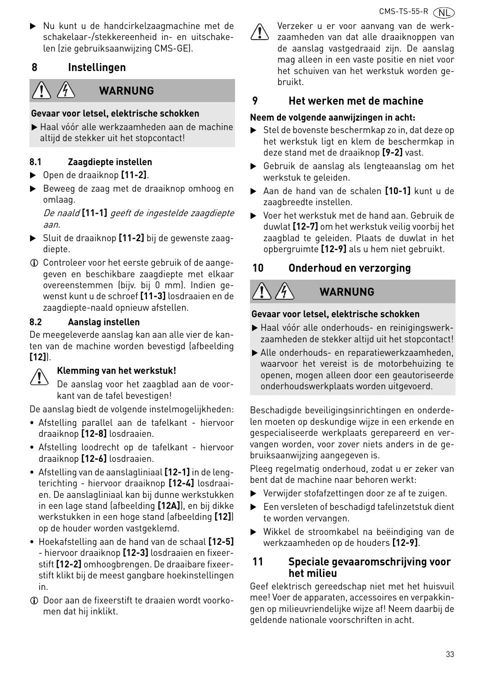Instellingen, Het werken met de machine, 10 onderhoud en verzorging | 11 speciale gevaaromschrijving voor het, Milieu | Festool CMS TS 55 User Manual | Page 33 / 76