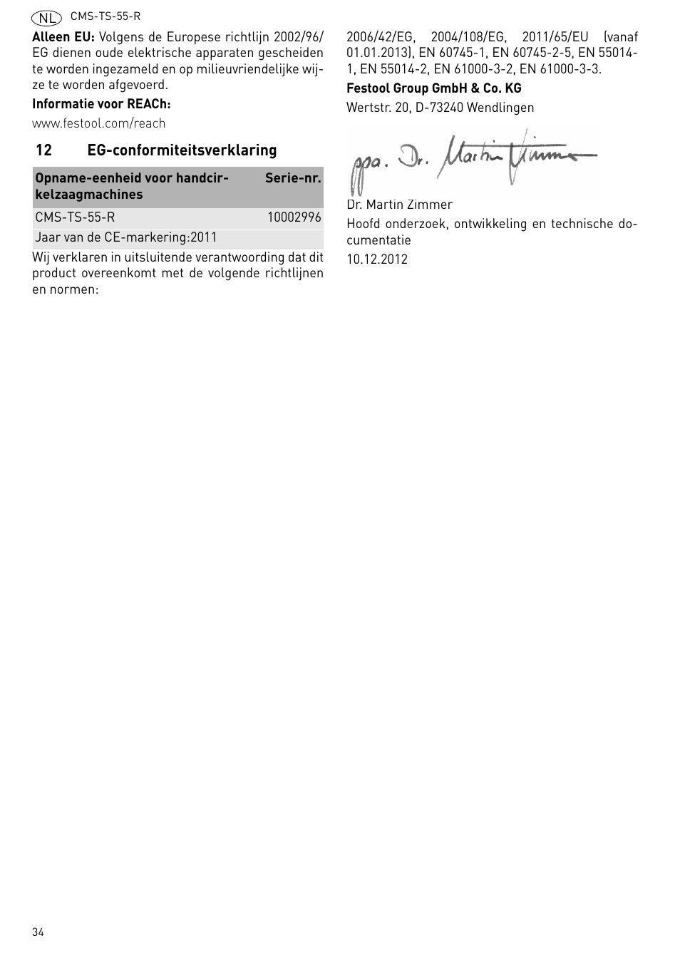 12 eg-conformiteitsverklaring | Festool CMS TS 55 User Manual | Page 34 / 76