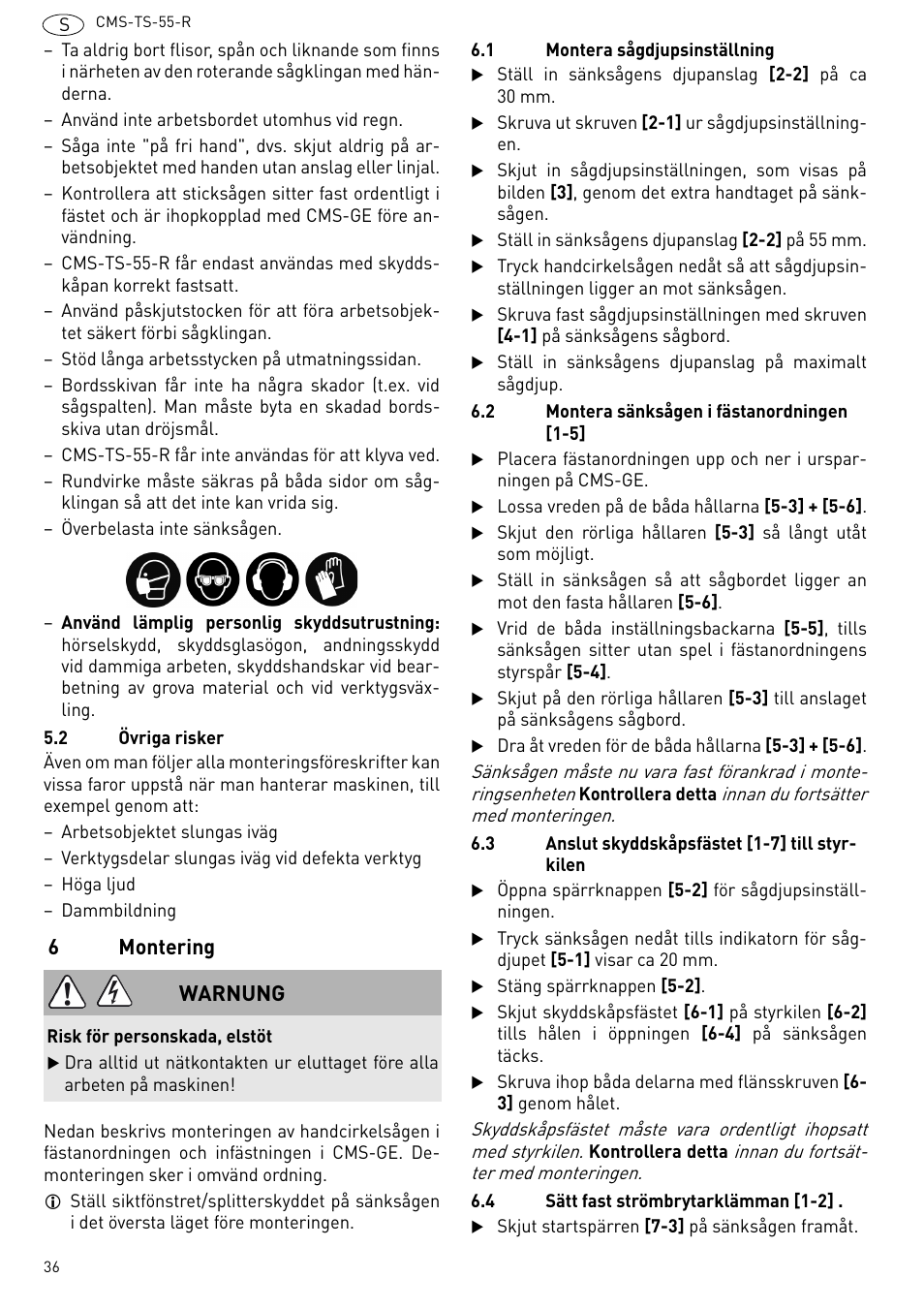 Montering, 6montering, Warnung | Festool CMS TS 55 User Manual | Page 36 / 76