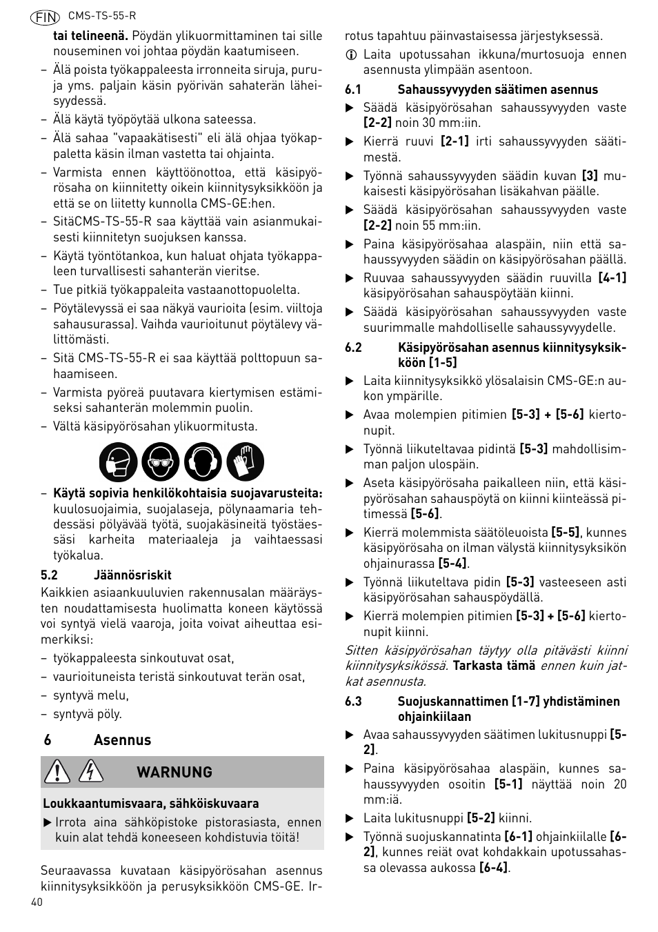 Asennus, 6asennus, Warnung | Festool CMS TS 55 User Manual | Page 40 / 76