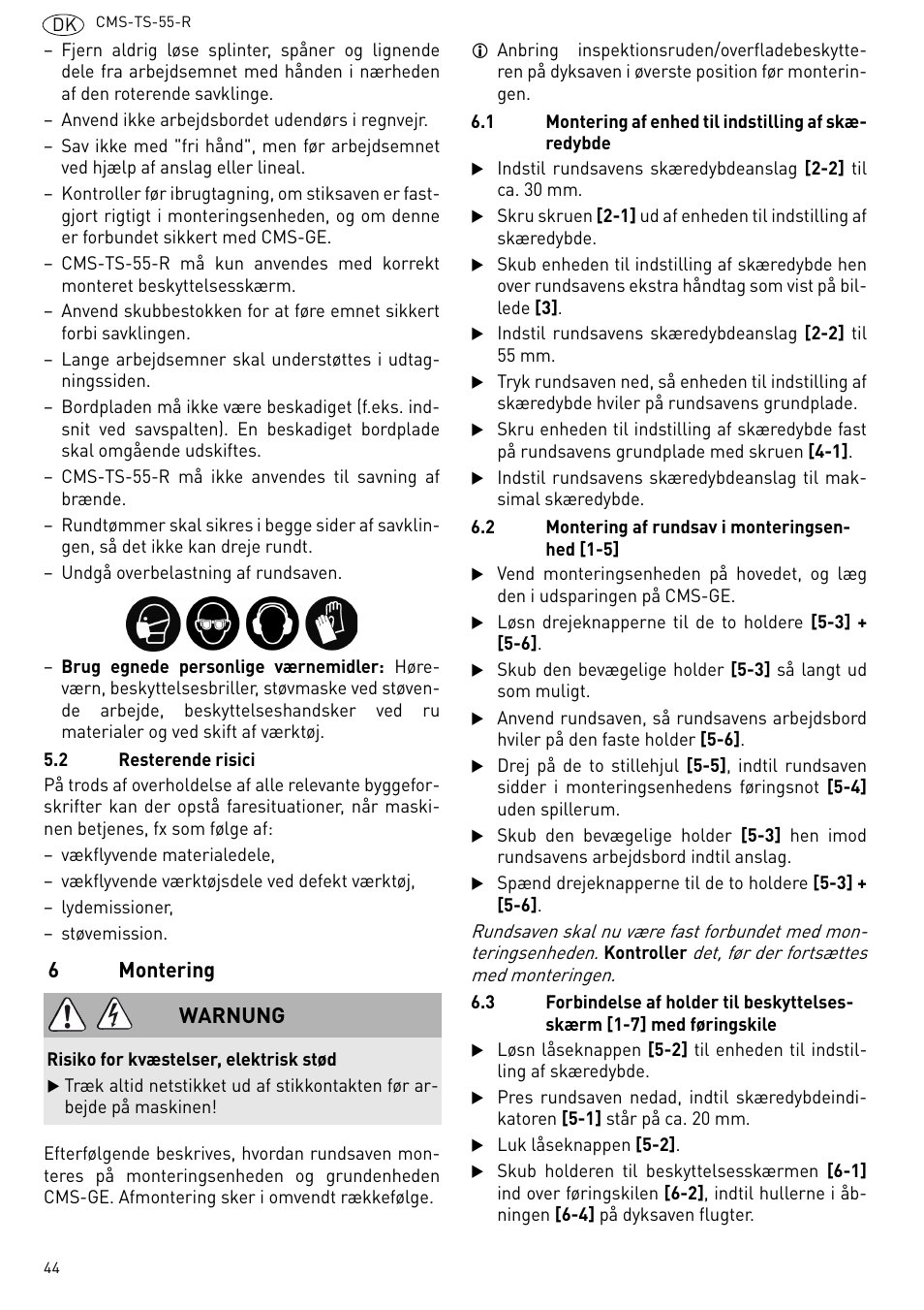Montering, 6montering, Warnung | Festool CMS TS 55 User Manual | Page 44 / 76