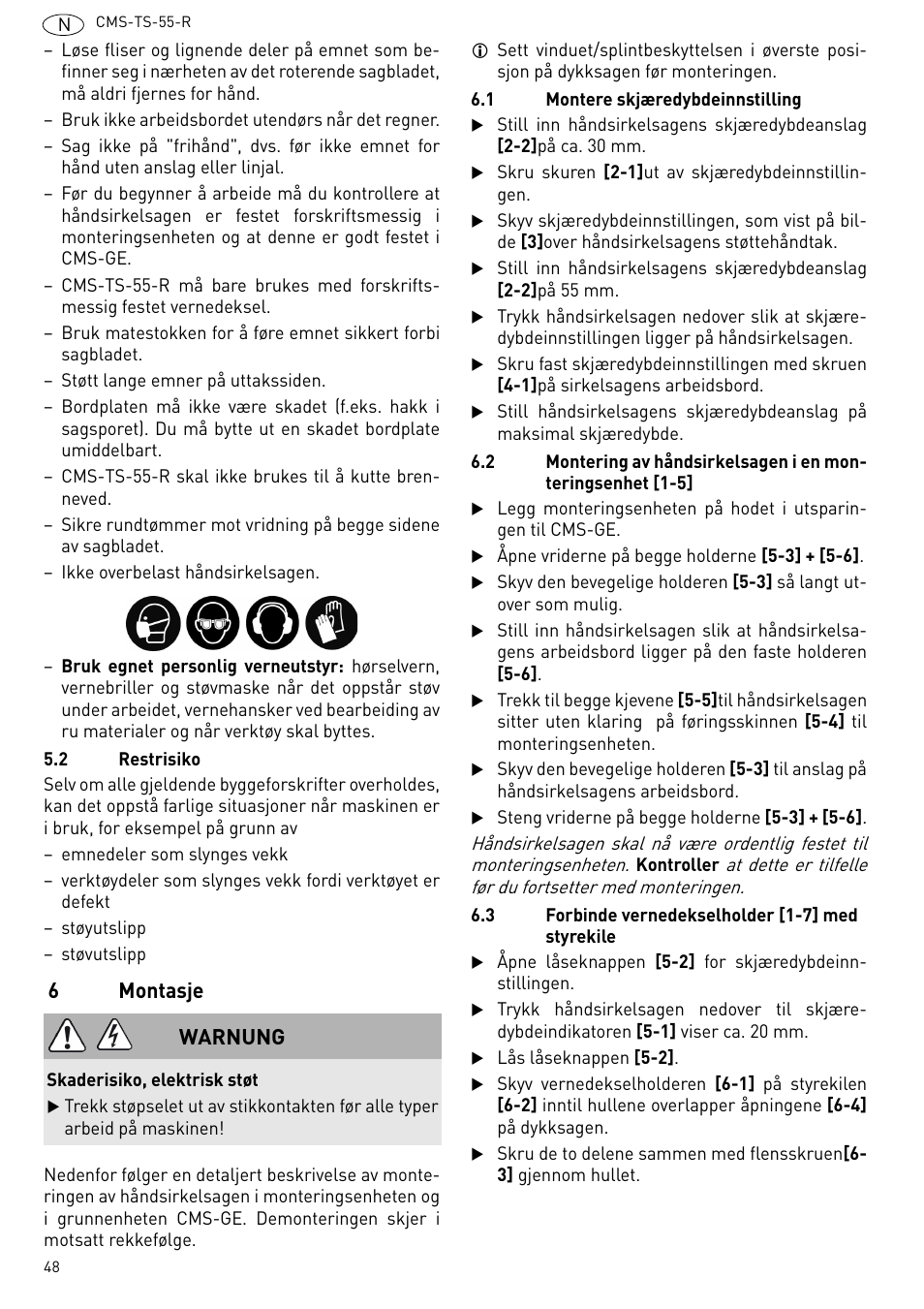 Montasje, 6montasje, Warnung | Festool CMS TS 55 User Manual | Page 48 / 76