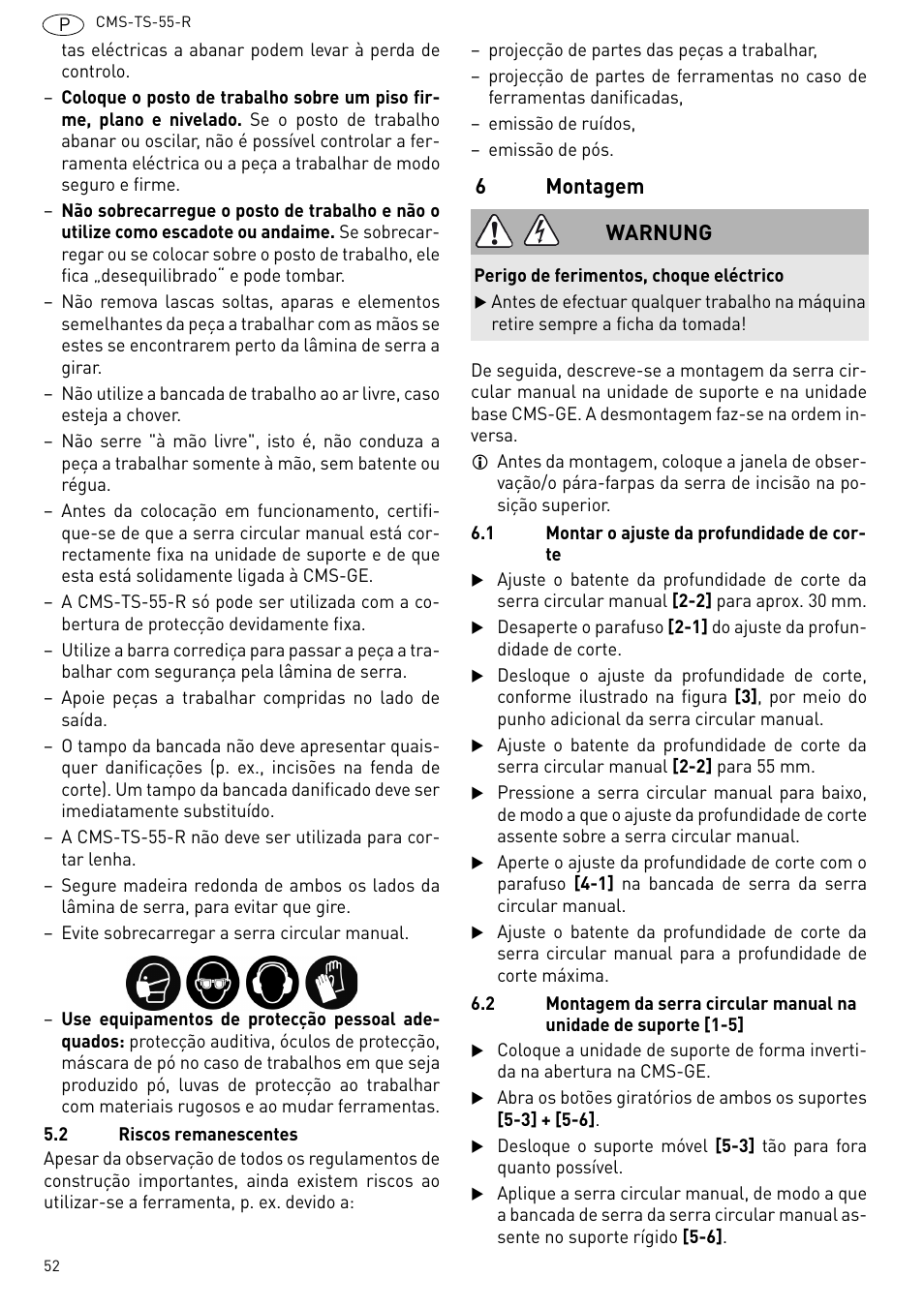 Montagem, 6montagem, Warnung | Festool CMS TS 55 User Manual | Page 52 / 76
