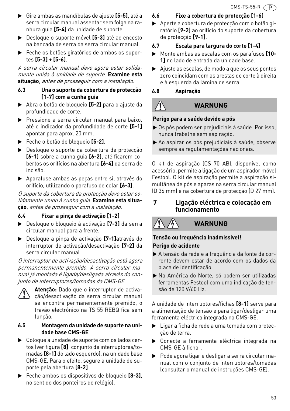 Ligação eléctrica e colocação em funcio- namento, 7ligação eléctrica e colocação em funcionamento, Warnung | Festool CMS TS 55 User Manual | Page 53 / 76