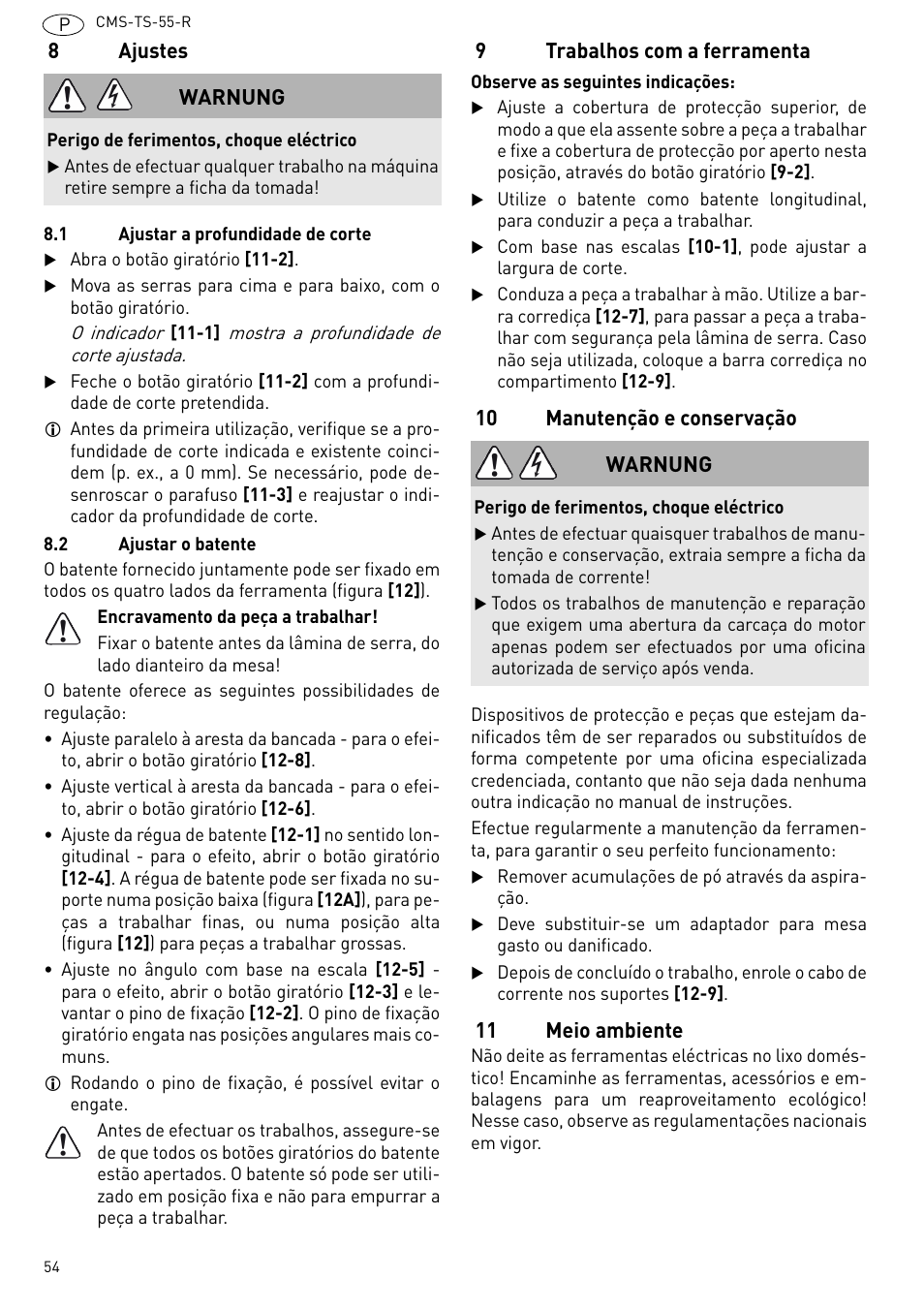 Ajustes, Trabalhos com a ferramenta, 10 manutenção e conservação | 11 meio ambiente | Festool CMS TS 55 User Manual | Page 54 / 76