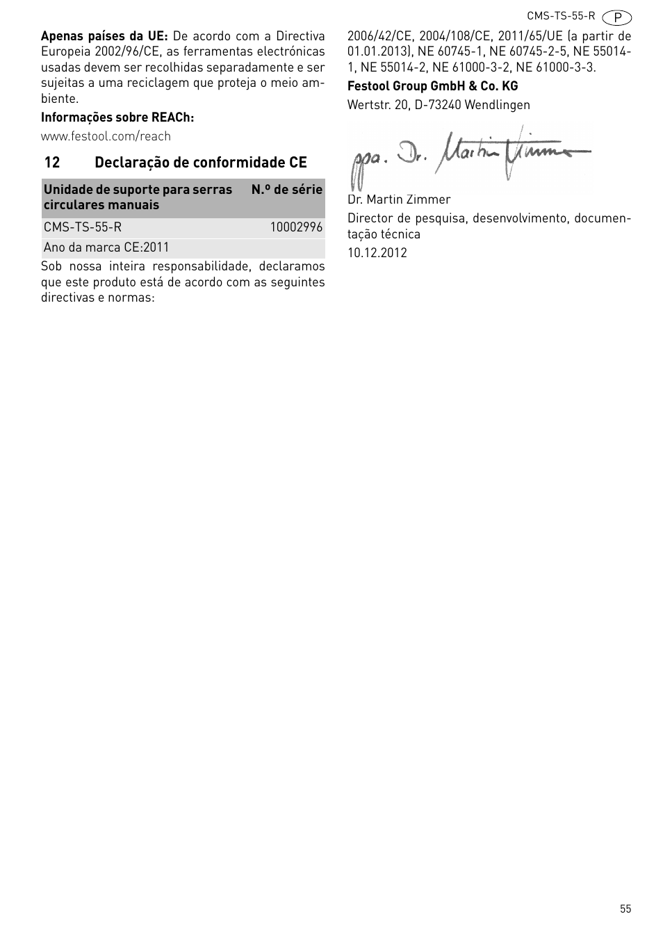 12 declaração de conformidade ce | Festool CMS TS 55 User Manual | Page 55 / 76