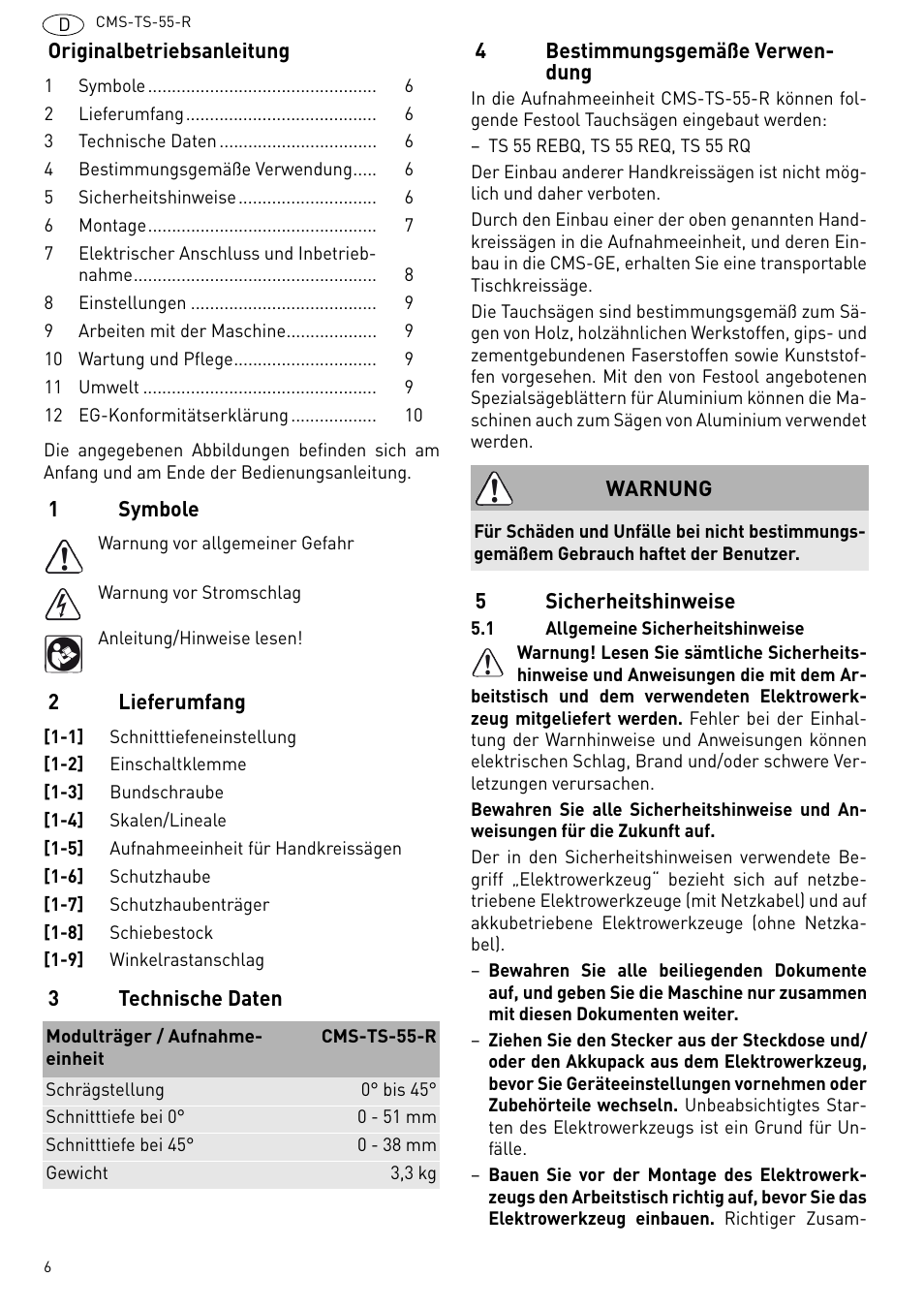 Festool CMS TS 55 User Manual | Page 6 / 76