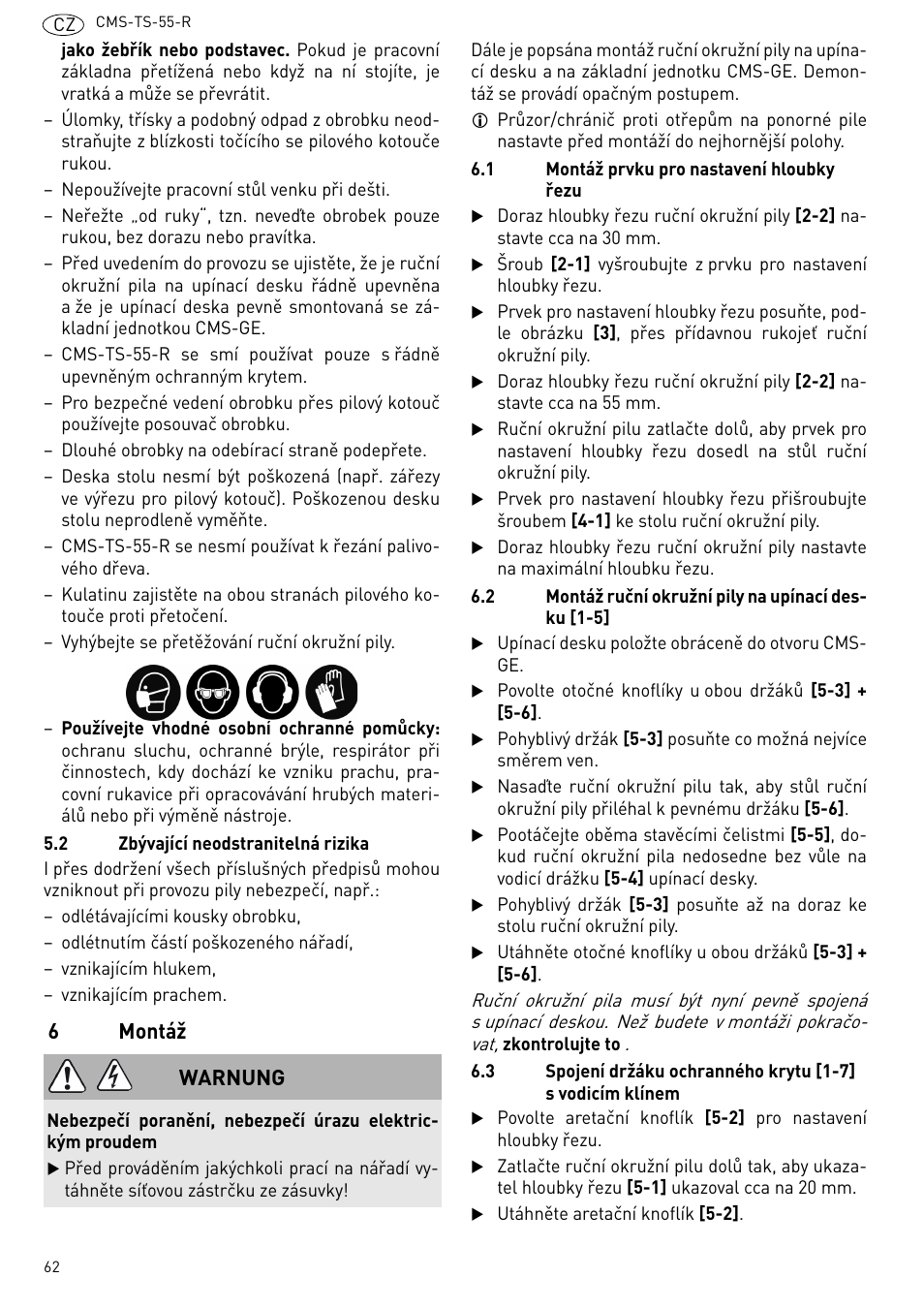 Montáž, 6montáž, Warnung | Festool CMS TS 55 User Manual | Page 62 / 76