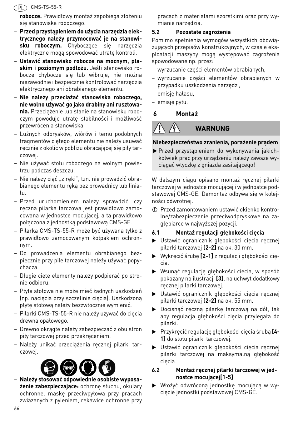 Montaż, 6montaż, Warnung | Festool CMS TS 55 User Manual | Page 66 / 76