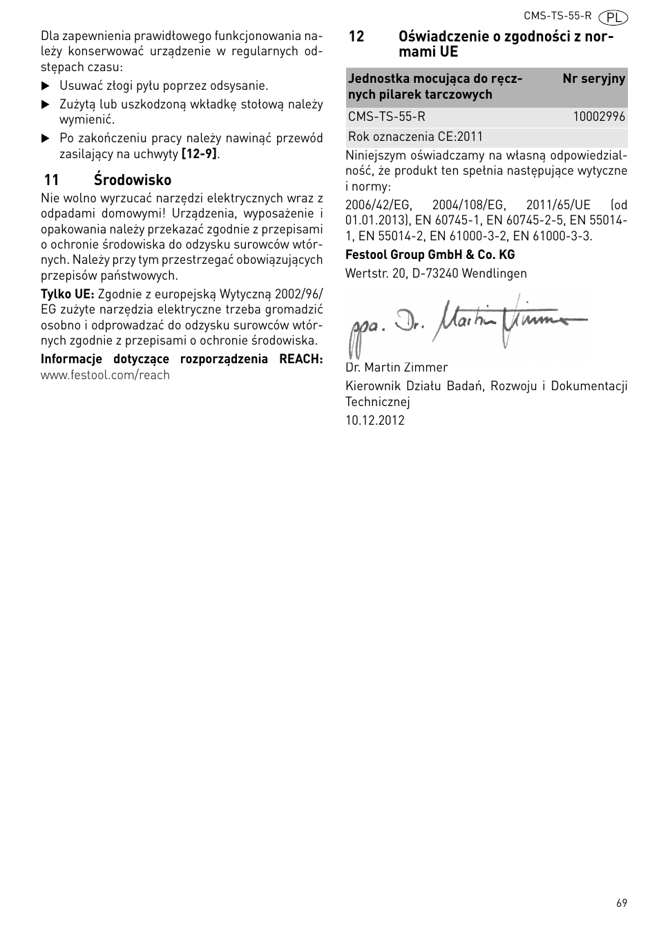 11 środowisko, 12 oświadczenie o zgodności z normami ue 69 | Festool CMS TS 55 User Manual | Page 69 / 76