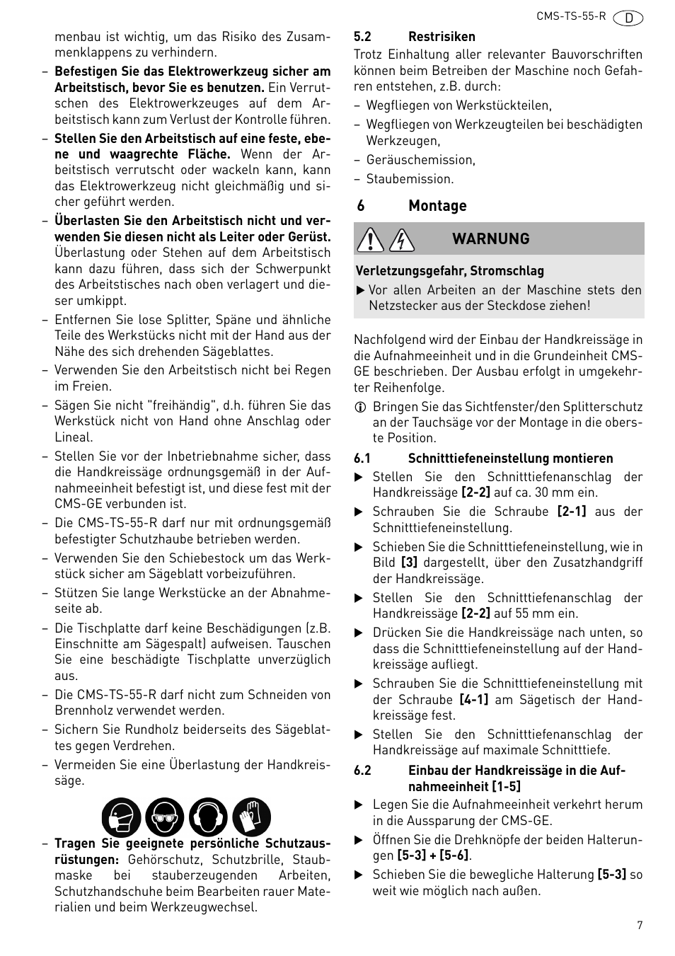 Montage, 6montage, Warnung | Festool CMS TS 55 User Manual | Page 7 / 76