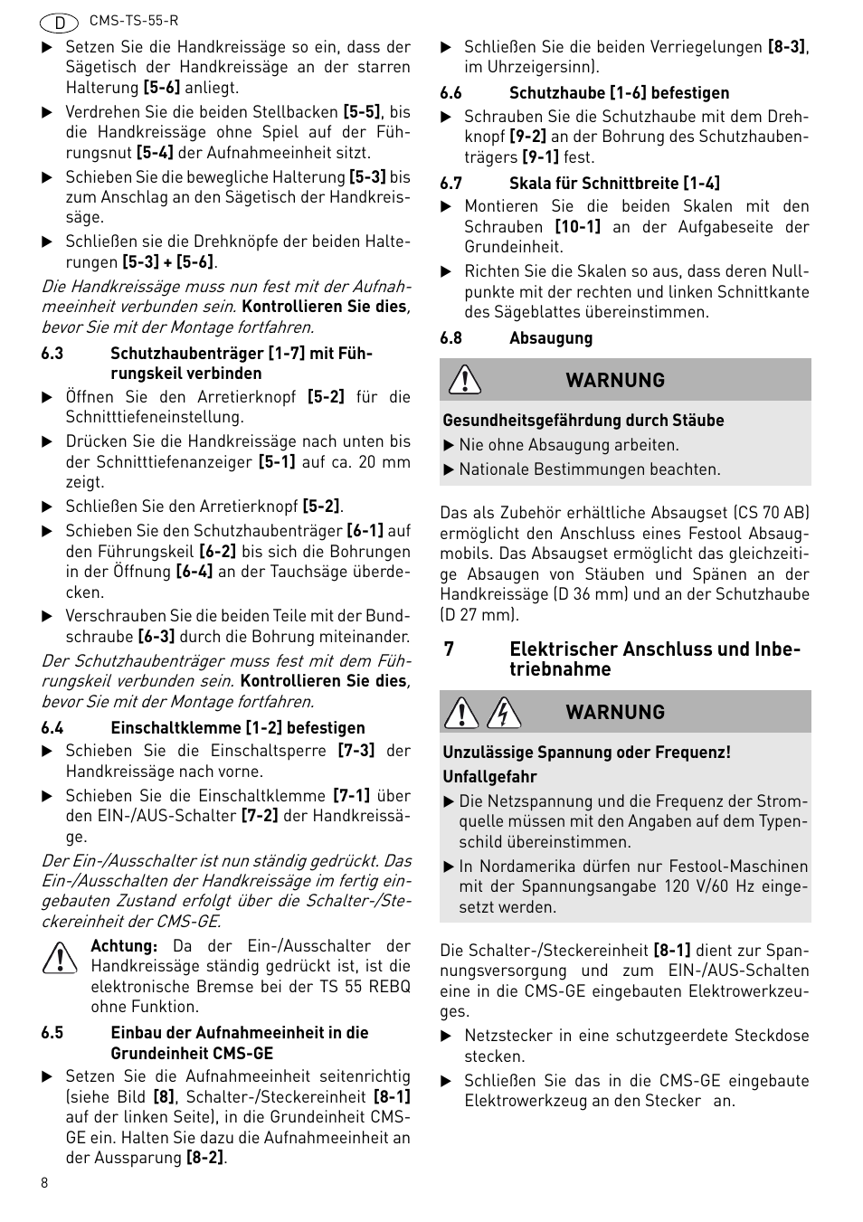 Elektrischer anschluss und inbetrieb- nahme, 7elektrischer anschluss und inbe- triebnahme, Warnung | Festool CMS TS 55 User Manual | Page 8 / 76