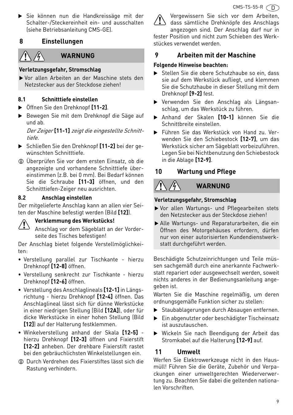 Einstellungen, Arbeiten mit der maschine, 10 wartung und pflege | 11 umwelt | Festool CMS TS 55 User Manual | Page 9 / 76