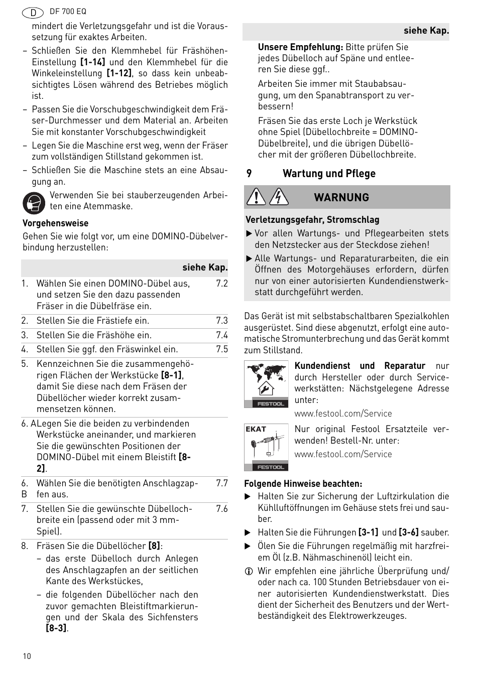 Wartung und pflege, 9wartung und pflege, Warnung | Festool DF 700 EQ User Manual | Page 10 / 100