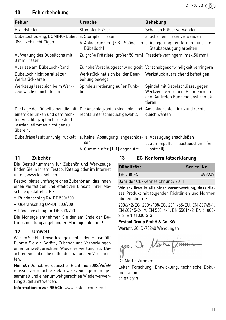 10 fehlerbehebung, 11 zubehör, 12 umwelt | 13 eg-konformitätserklärung | Festool DF 700 EQ User Manual | Page 11 / 100