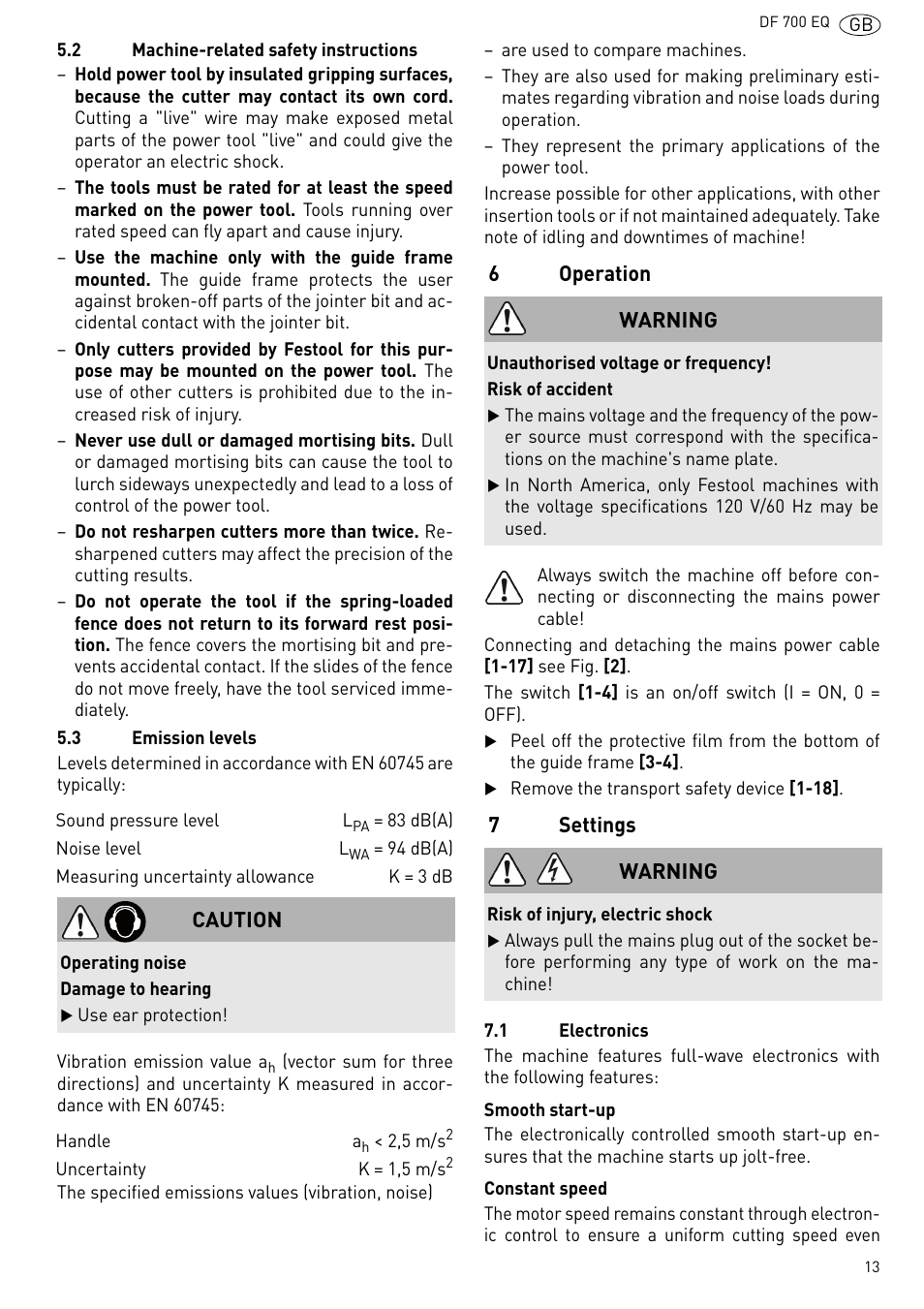 Operation, Settings | Festool DF 700 EQ User Manual | Page 13 / 100