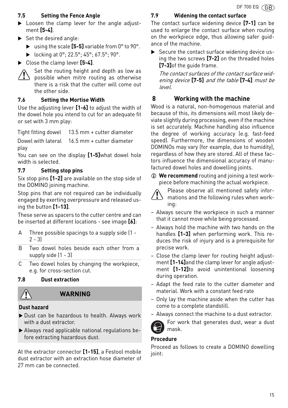 Working with the machine | Festool DF 700 EQ User Manual | Page 15 / 100