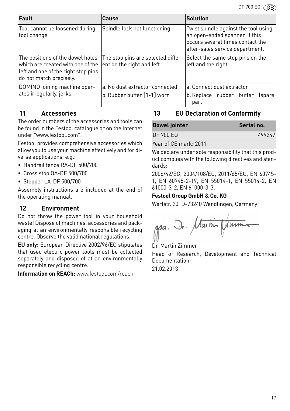 11 accessories, 12 environment, 13 eu declaration of conformity | Festool DF 700 EQ User Manual | Page 17 / 100