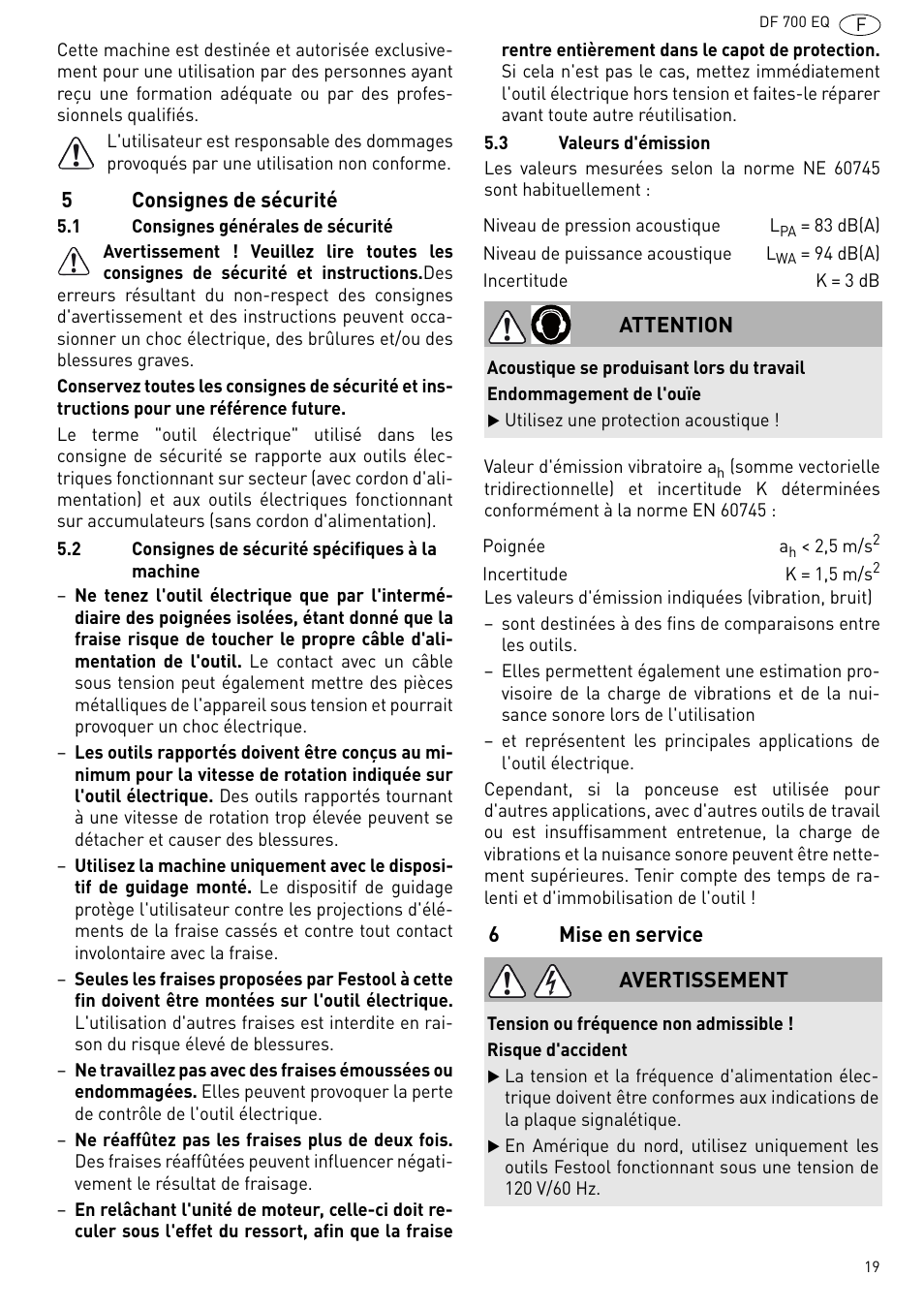 Consignes de sécurité, Mise en service | Festool DF 700 EQ User Manual | Page 19 / 100