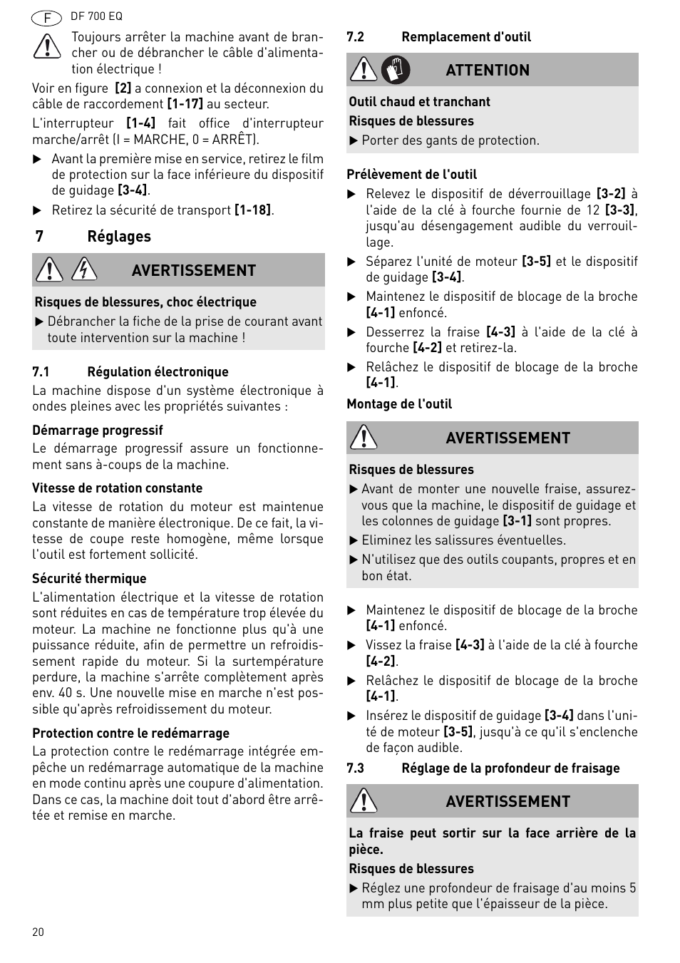 Réglages, 7réglages, Avertissement | Attention | Festool DF 700 EQ User Manual | Page 20 / 100