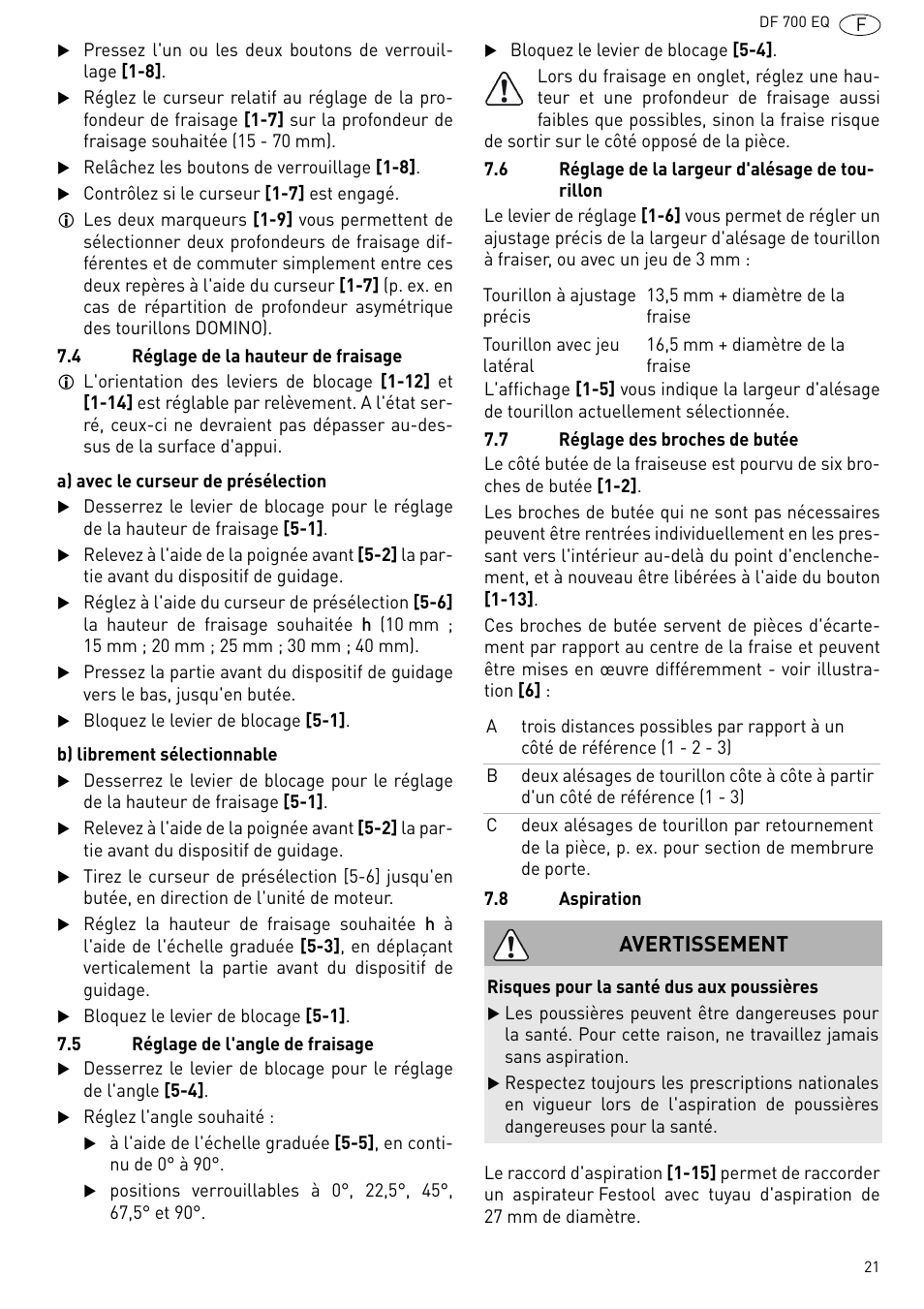 Avertissement | Festool DF 700 EQ User Manual | Page 21 / 100