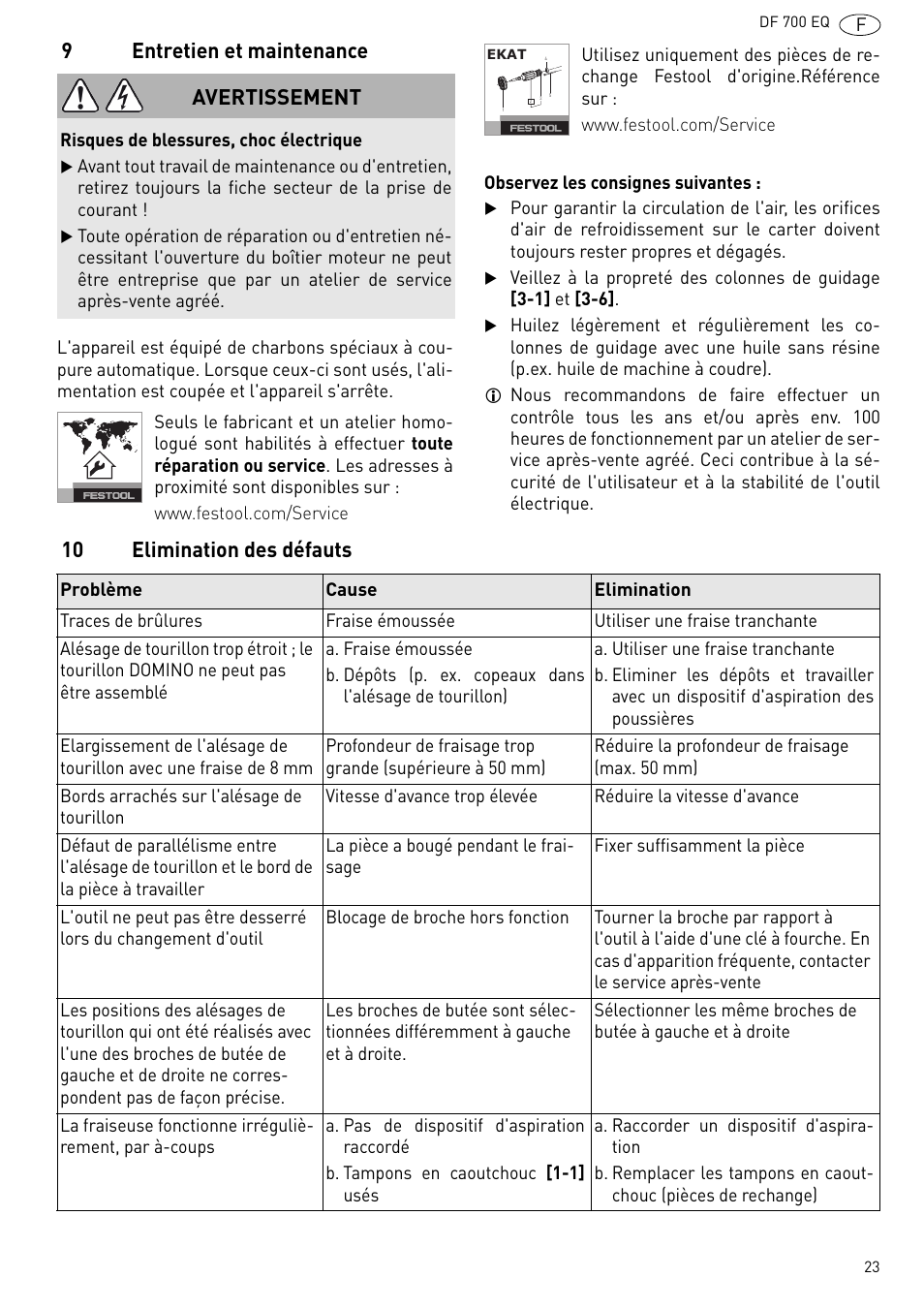 Entretien et maintenance, 10 elimination des défauts, 9entretien et maintenance | 10 elimination des défauts avertissement | Festool DF 700 EQ User Manual | Page 23 / 100