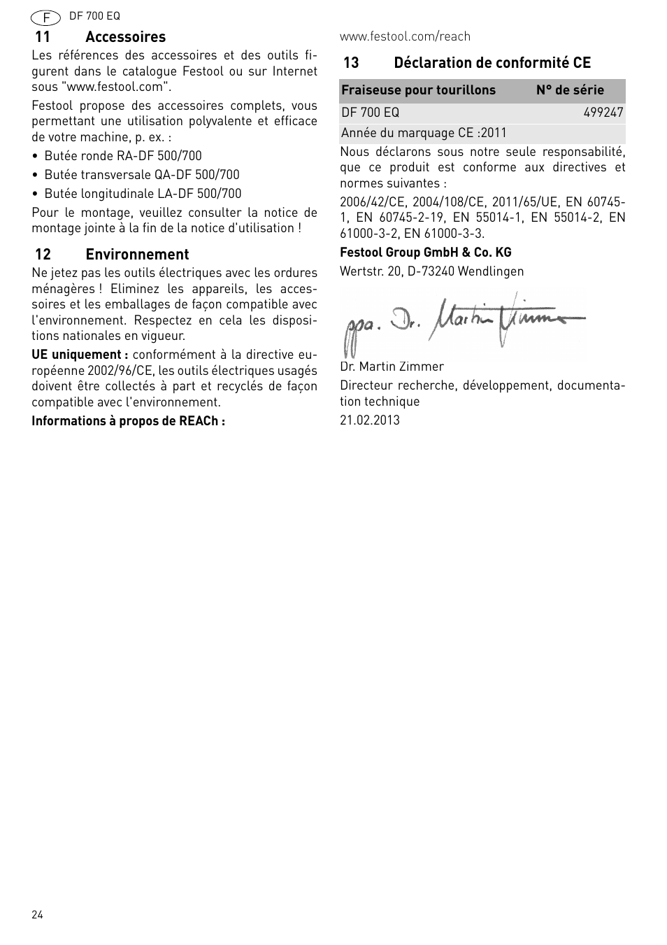 11 accessoires, 12 environnement, 13 déclaration de conformité ce | Festool DF 700 EQ User Manual | Page 24 / 100