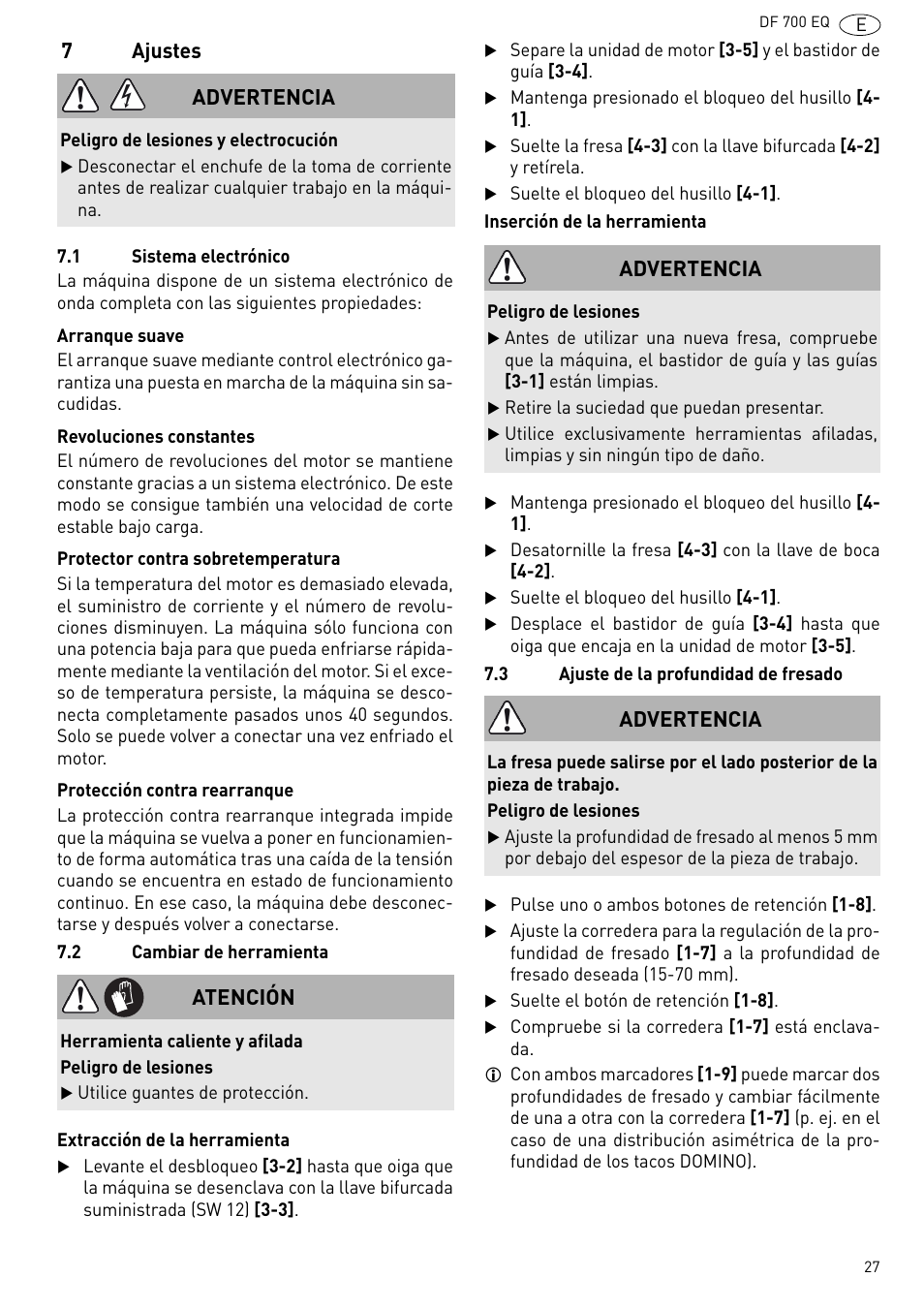 Ajustes, 7ajustes, Advertencia | Atención | Festool DF 700 EQ User Manual | Page 27 / 100