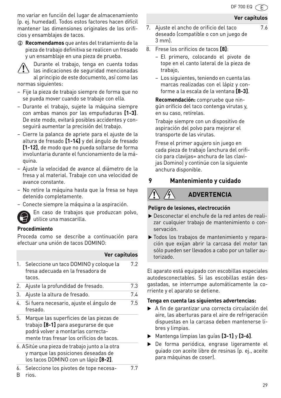 Mantenimiento y cuidado | Festool DF 700 EQ User Manual | Page 29 / 100