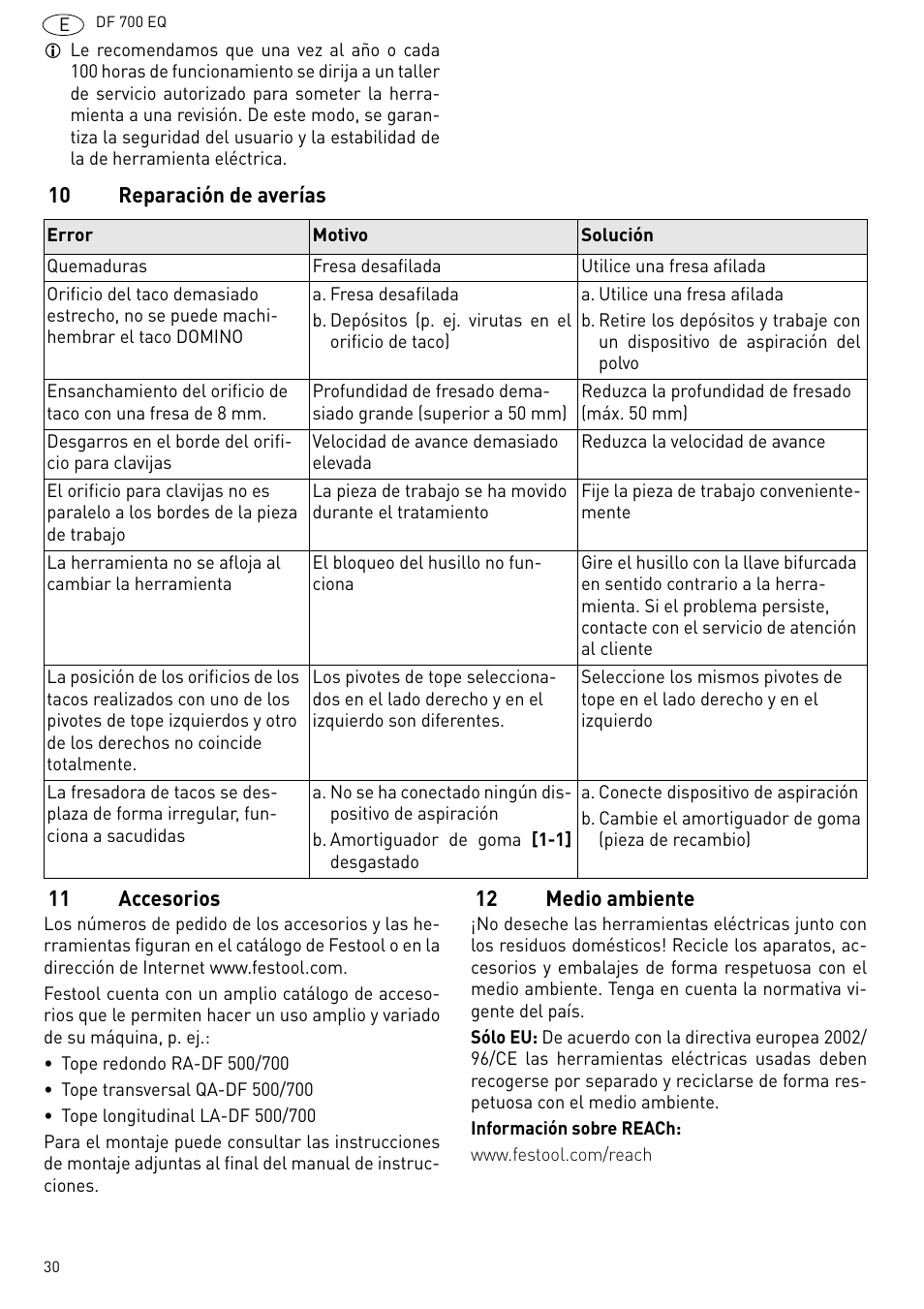 10 reparación de averías, 11 accesorios, 12 medio ambiente | Festool DF 700 EQ User Manual | Page 30 / 100