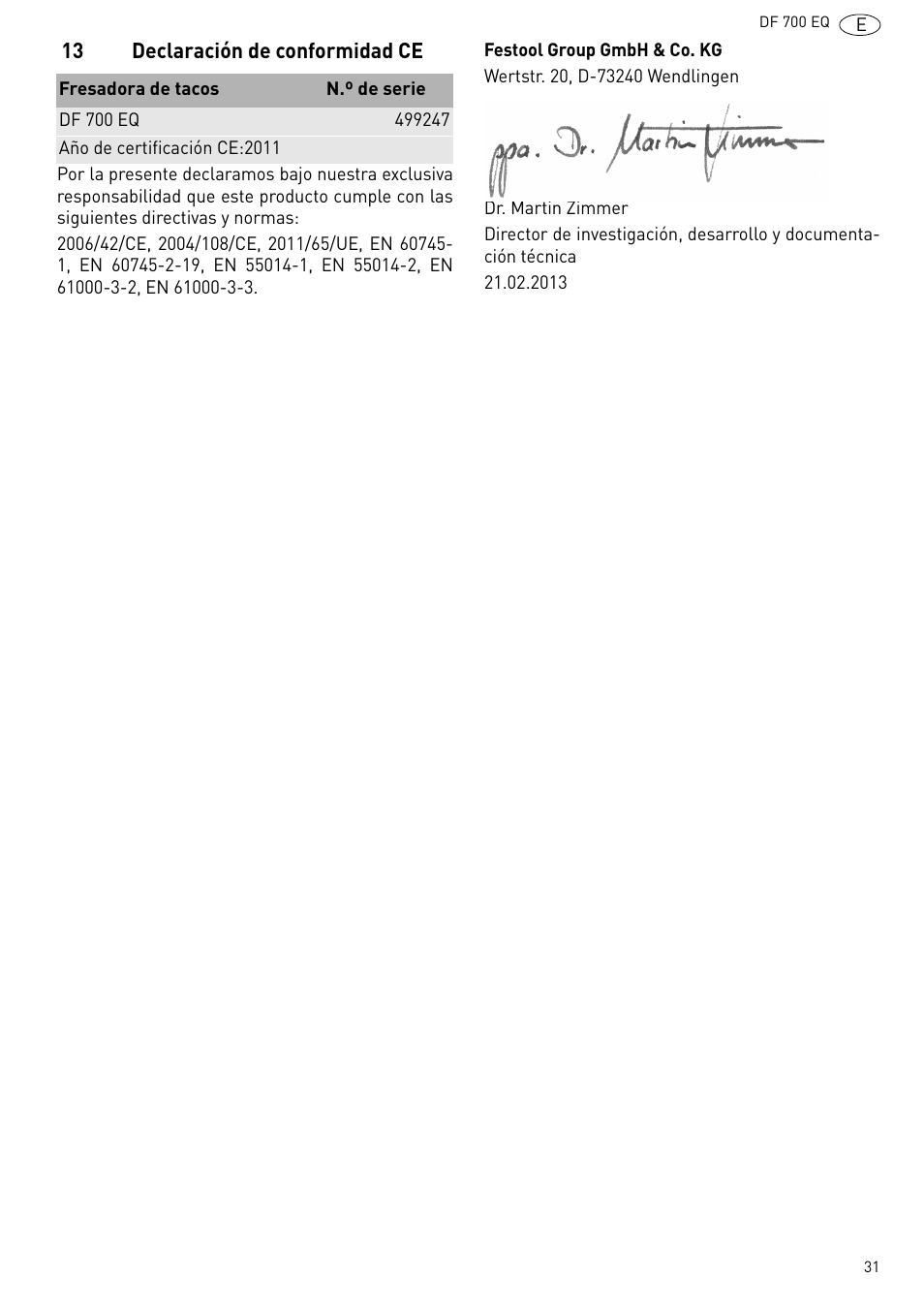 13 declaración de conformidad ce | Festool DF 700 EQ User Manual | Page 31 / 100