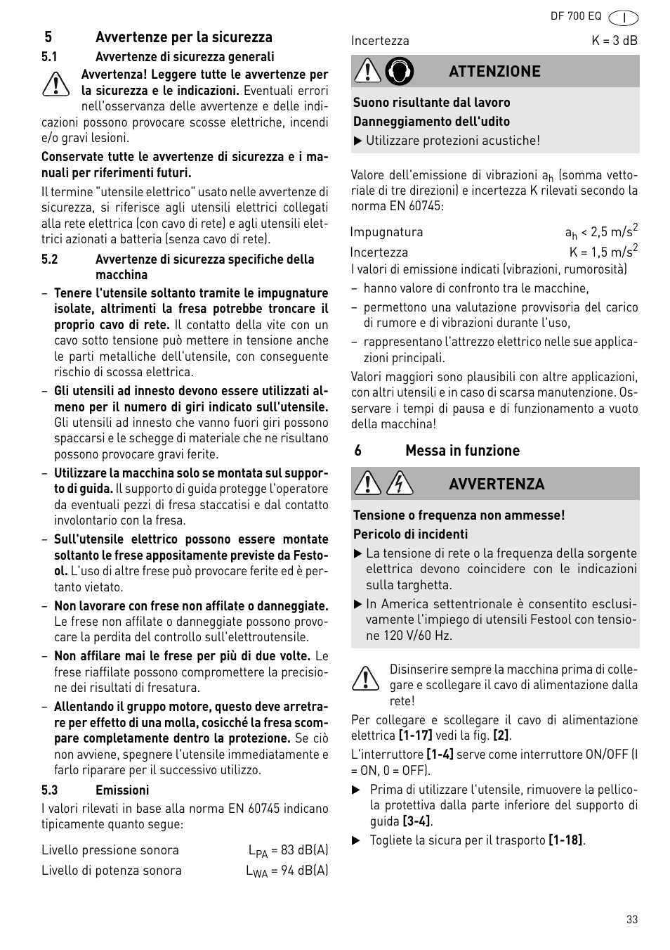 Avvertenze per la sicurezza, Messa in funzione | Festool DF 700 EQ User Manual | Page 33 / 100