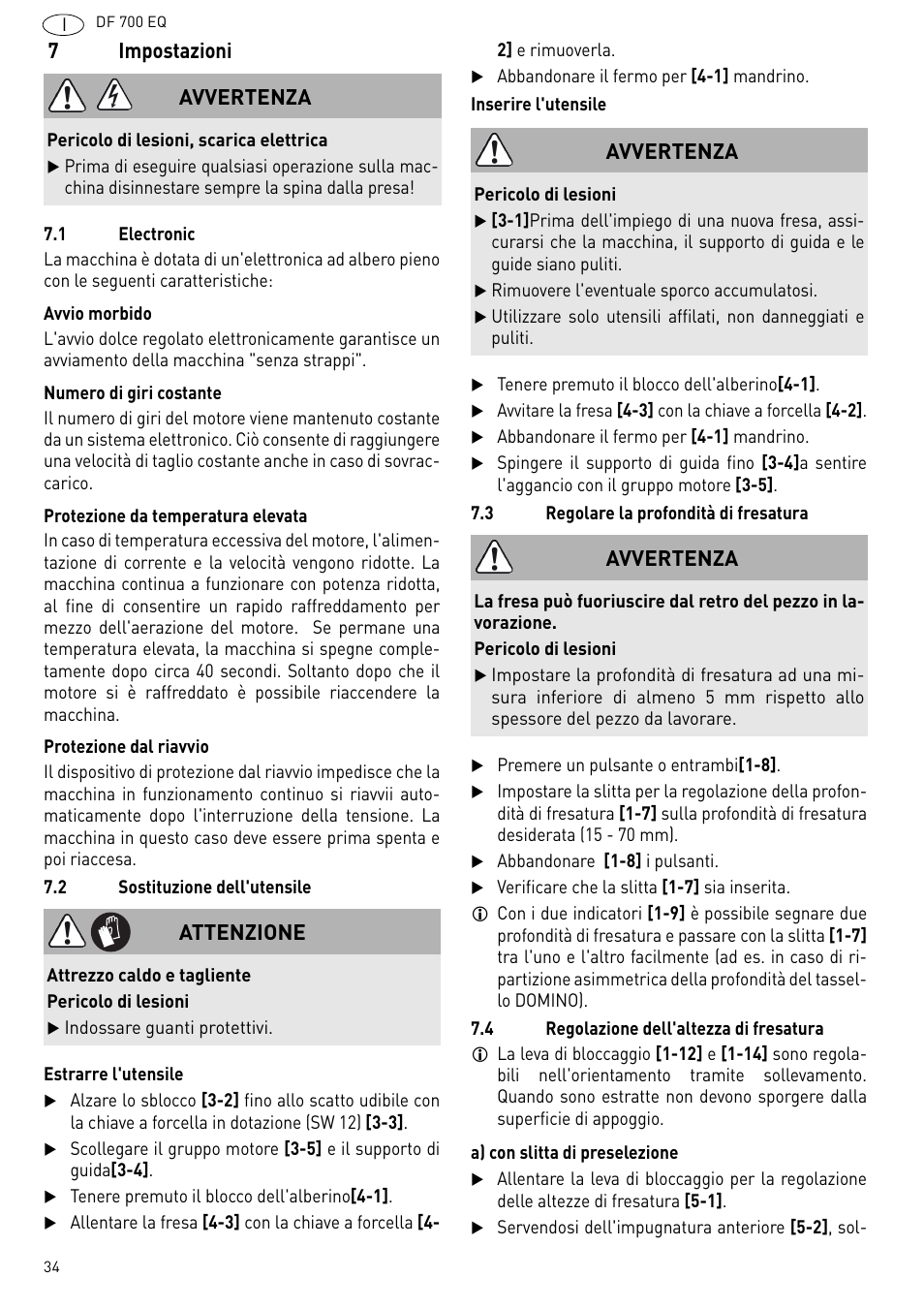 Impostazioni, 7impostazioni, Avvertenza | Attenzione | Festool DF 700 EQ User Manual | Page 34 / 100