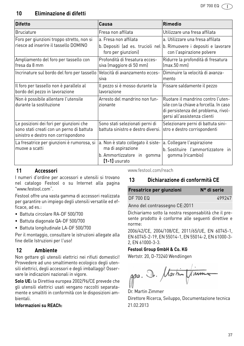 10 eliminazione di difetti, 11 accessori, 12 ambiente | 13 dichiarazione di conformità ce | Festool DF 700 EQ User Manual | Page 37 / 100