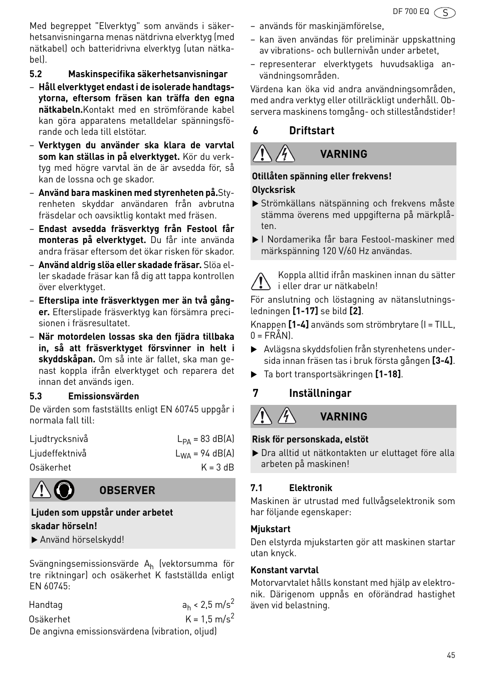 Driftstart, Inställningar | Festool DF 700 EQ User Manual | Page 45 / 100