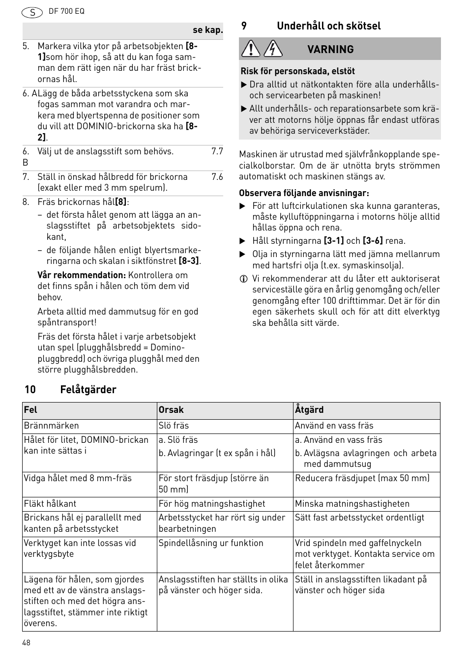 Underhåll och skötsel, 10 felåtgärder | Festool DF 700 EQ User Manual | Page 48 / 100