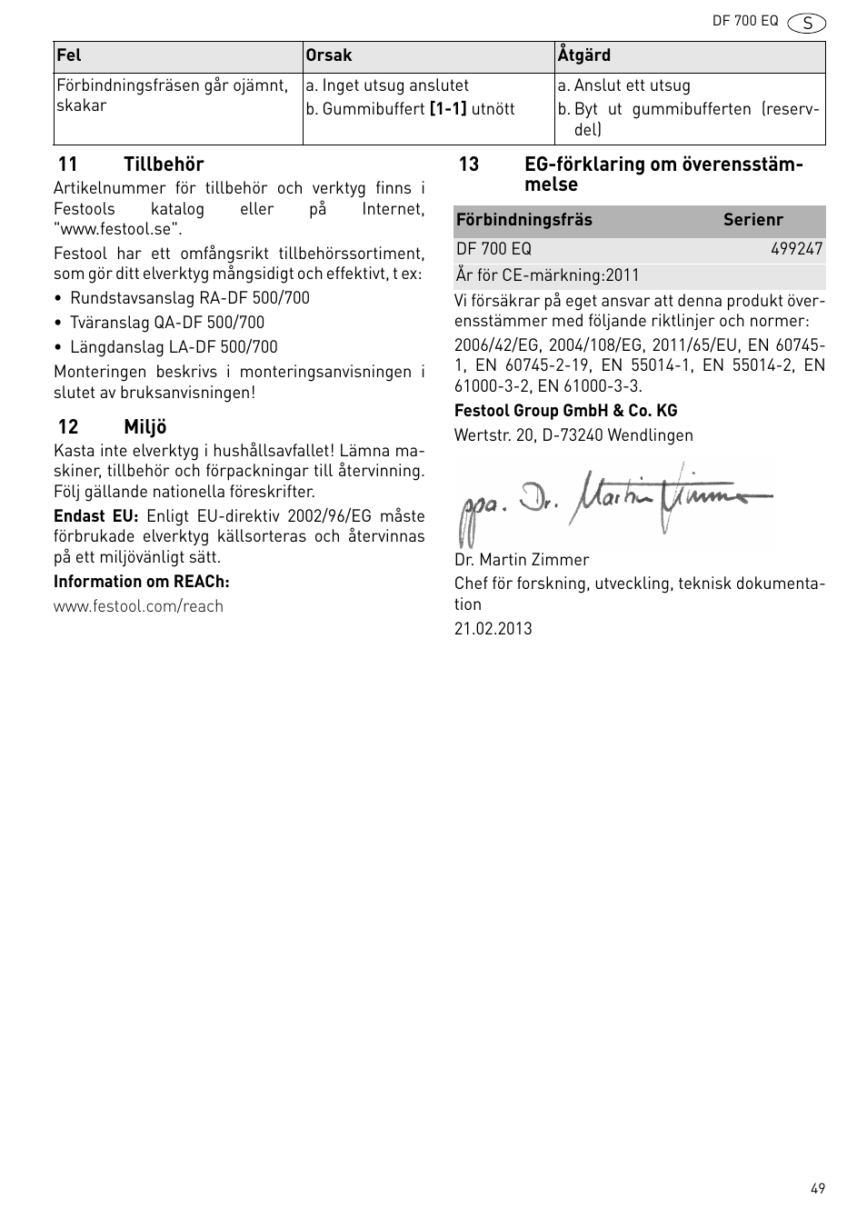 11 tillbehör, 12 miljö, 13 eg-förklaring om överensstämmelse | Festool DF 700 EQ User Manual | Page 49 / 100