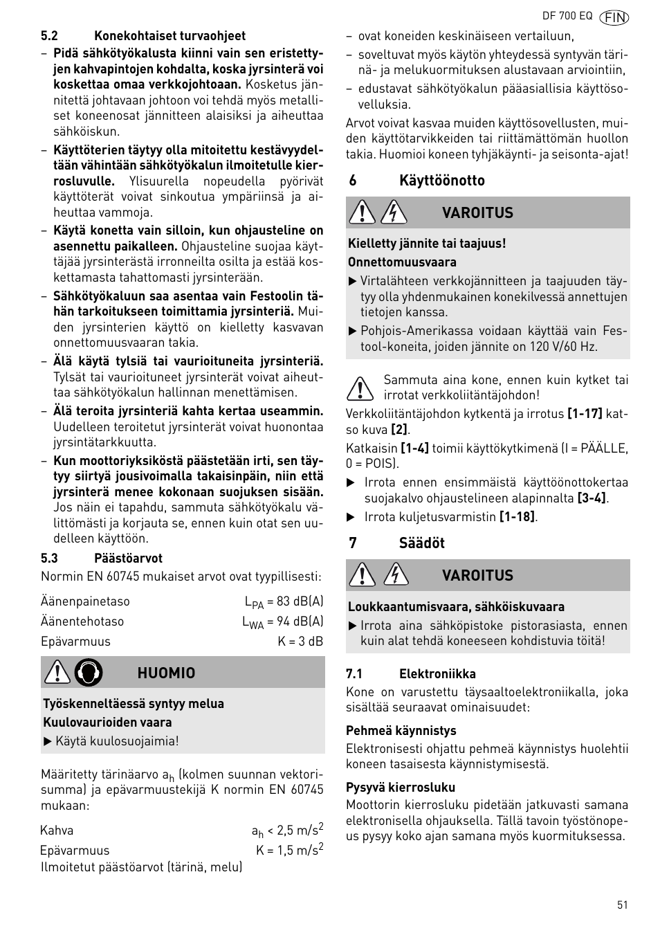 Käyttöönotto, Säädöt | Festool DF 700 EQ User Manual | Page 51 / 100