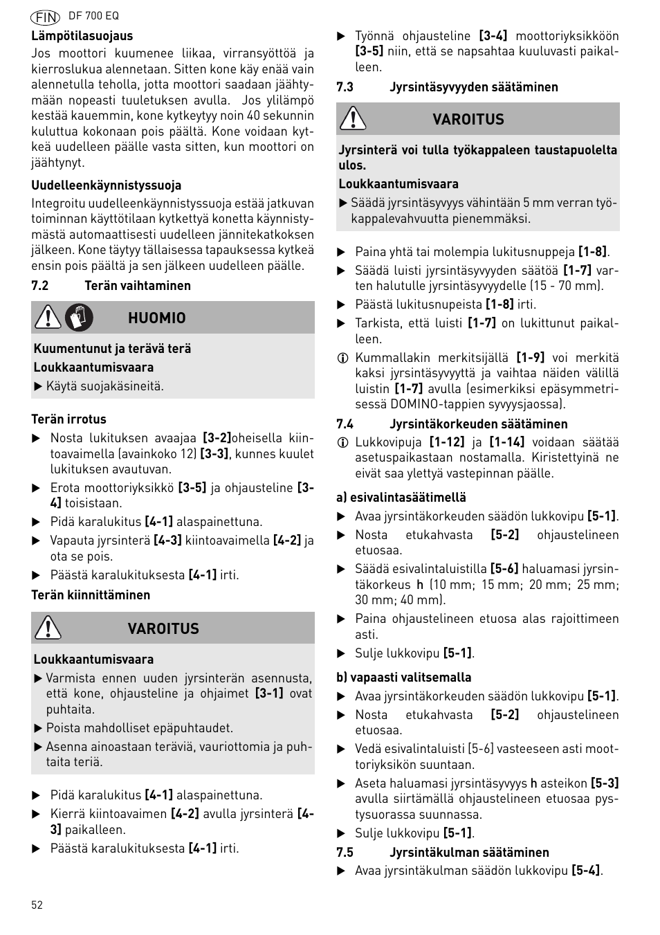 Huomio, Varoitus | Festool DF 700 EQ User Manual | Page 52 / 100