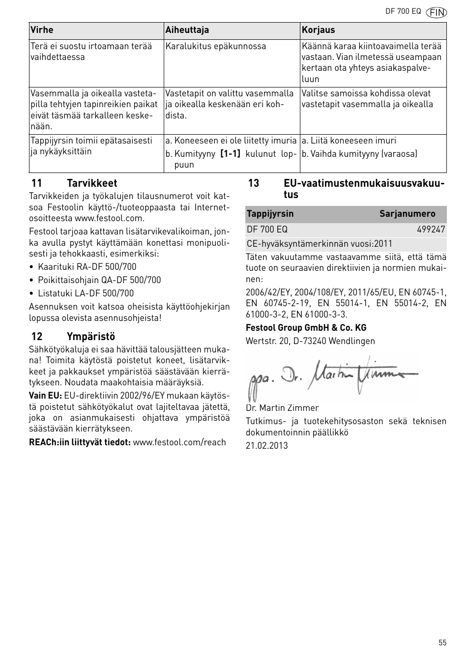 11 tarvikkeet, 12 ympäristö, 13 eu-vaatimustenmukaisuusvakuutus | Festool DF 700 EQ User Manual | Page 55 / 100